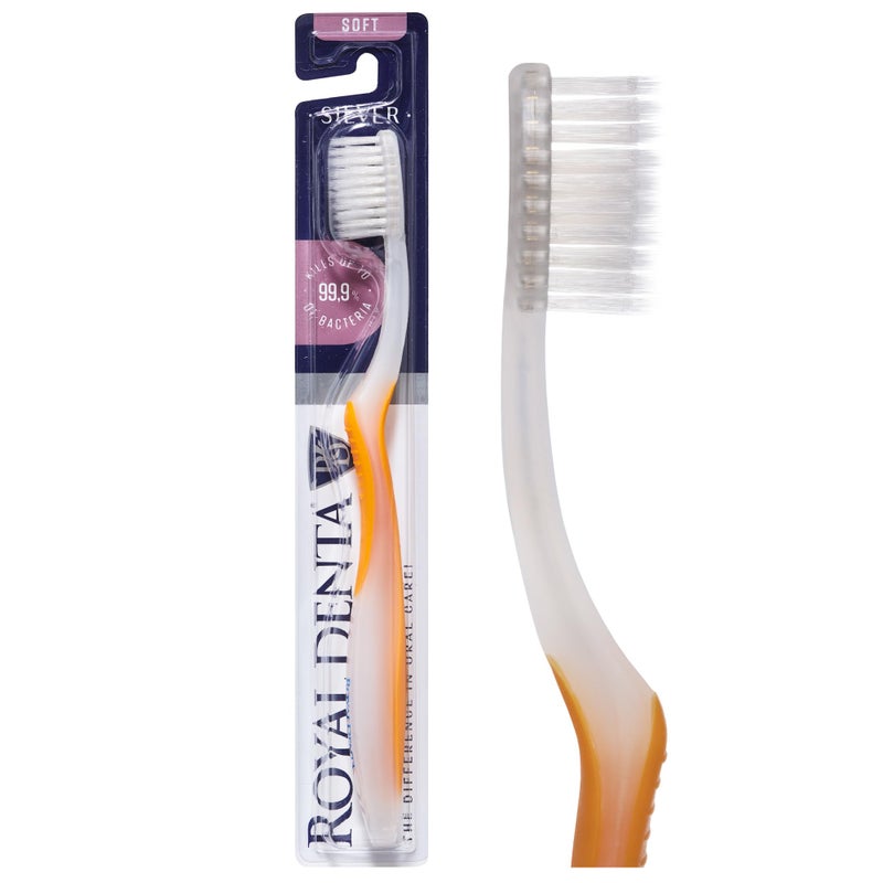 Royal Denta Manual Toothbrush for Adults, Soft Silver Infused Dual-Length Bristles Toothbrush Head Perfect as Interdental Brush, Soft on Gum & Enamel, Ergonomic Grip Handle for Daily Oral Care, Yellow